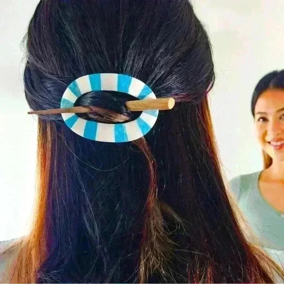 Handmade Mango Wood & Responsibly Sourced Bone Inlay Hair Pin /Turquoise & Ivory - Picture 1 of 4